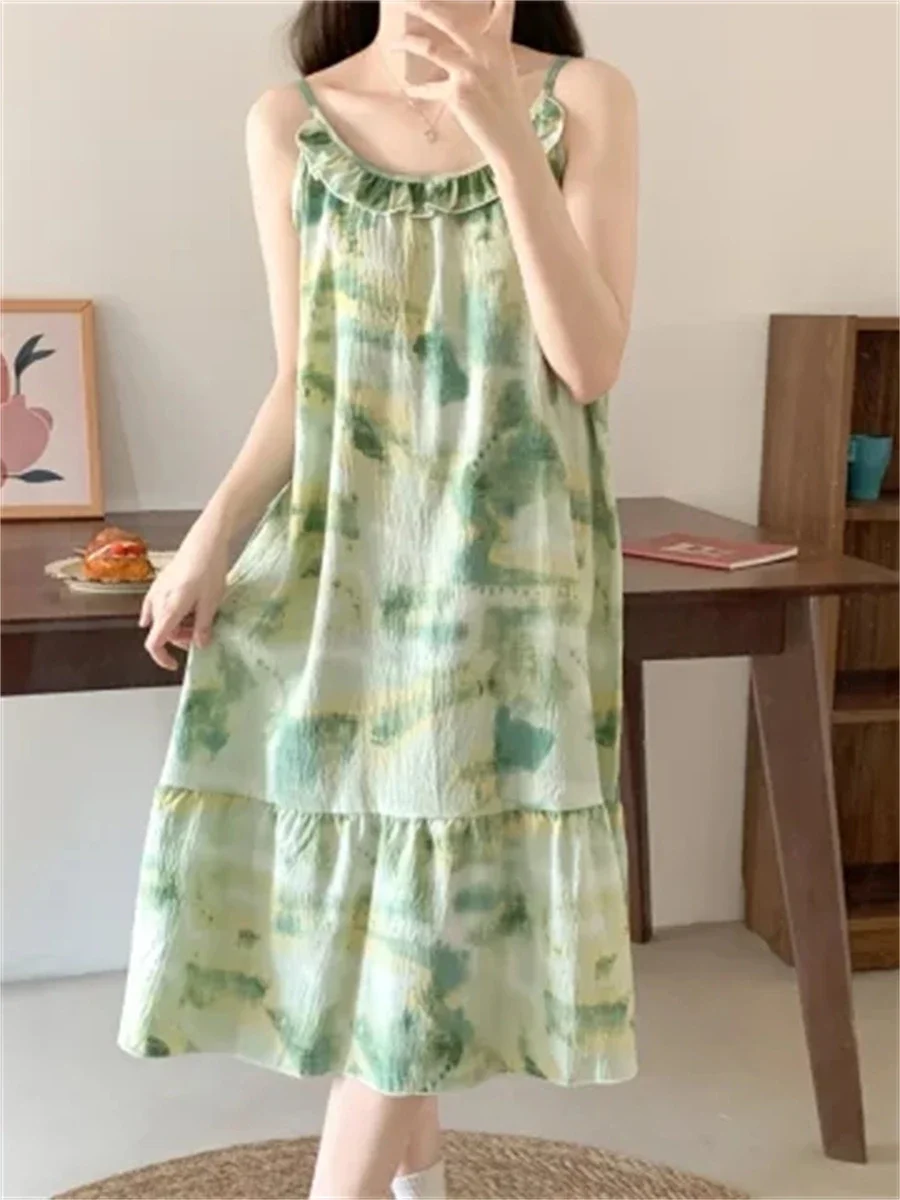 Suspender Nightgown Women's Summer Thin Sleeveless Pajamas Women's Summer Ink Painting Home Clothes