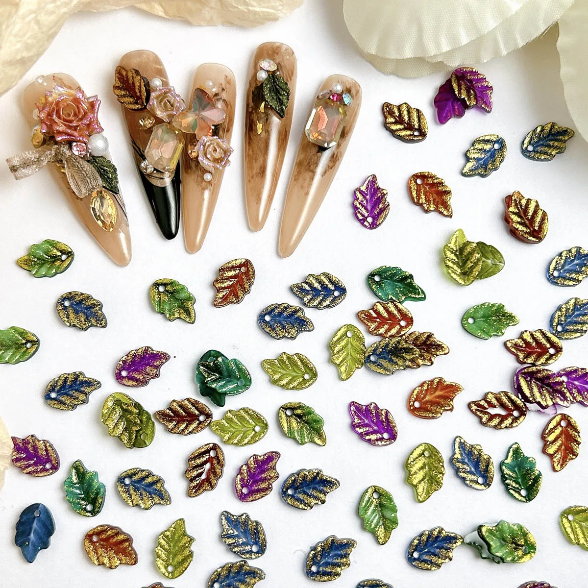 

60Pcs Shimmering Colorful 3D Resin Leaves Nail Charms Maillard Style Mini Leaf Nail Art Decoration DIY Crafts Accessories