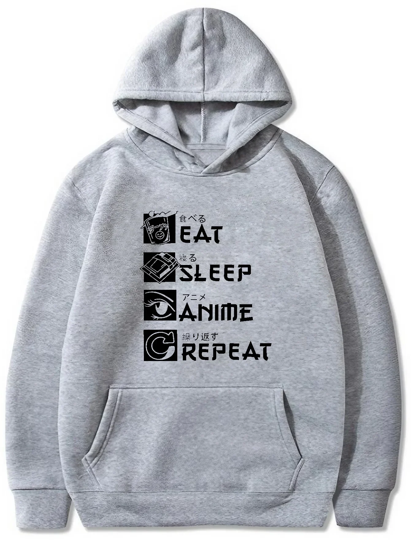 

"Eat Sleep Anime" Print Hoodie with Kangaroo Pocket Men's Casual Stretch Pullover Hooded Woman Autumn and Winter Sweatshirt