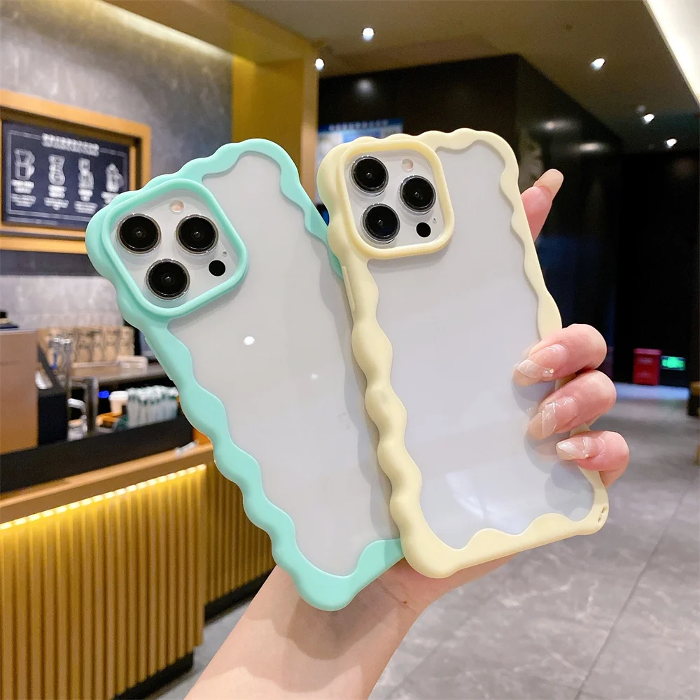 Ottwn Candy Color Cute Curly Wave Edge Phone Case For iPhone 11 13 12 14 15 Pro Max Soft Transparent Aesthetic Back Bumper Cover