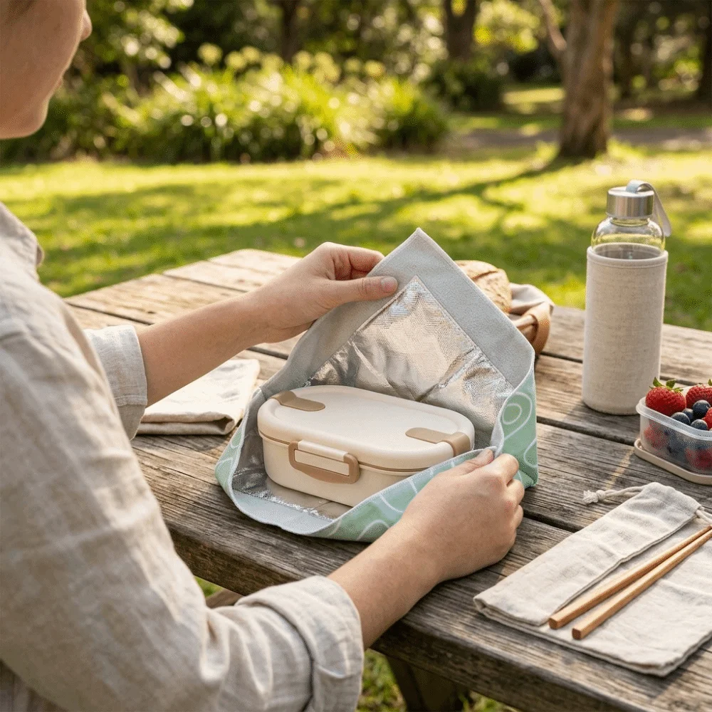 Foldable Lunch Box Wrapping Cloth Reusable Anti-Scratch Self-Adhesive Cloth Portable with Aluminum Foil Lining