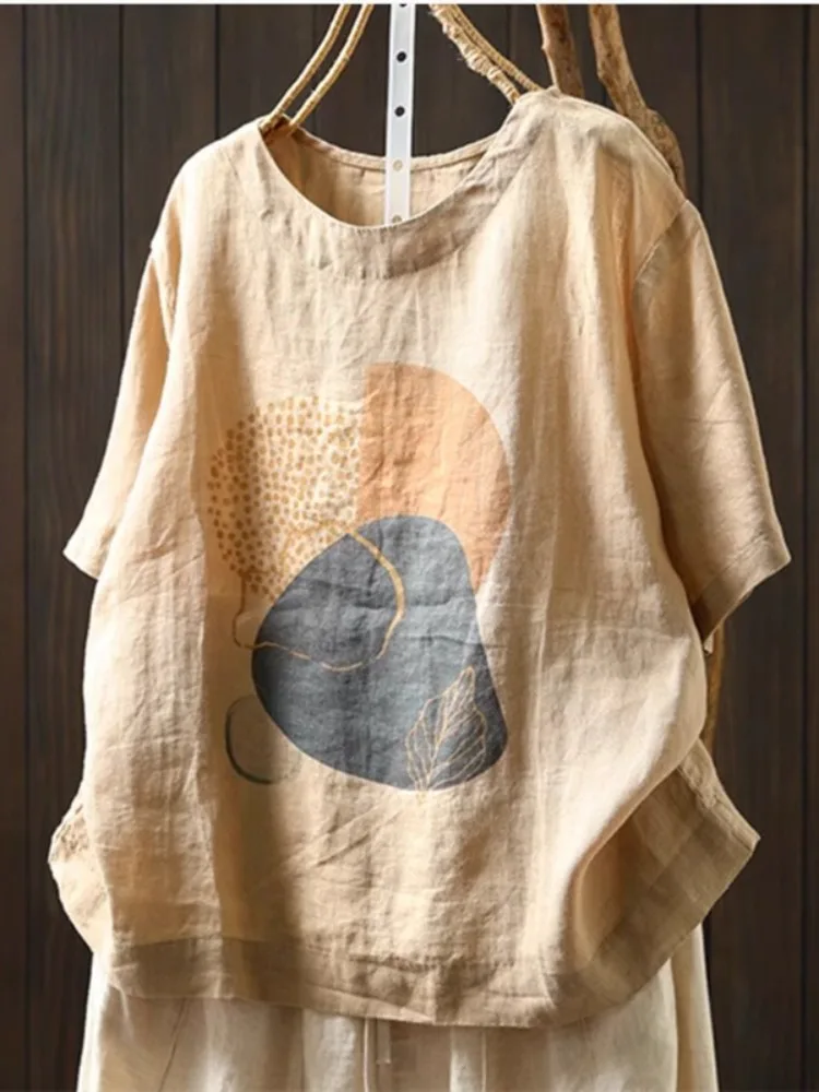 

Новая летняя женская футболка из хлопка и льна с принтом ort Sve, свободный тонкий льняной топ для похудения, круглый Ne