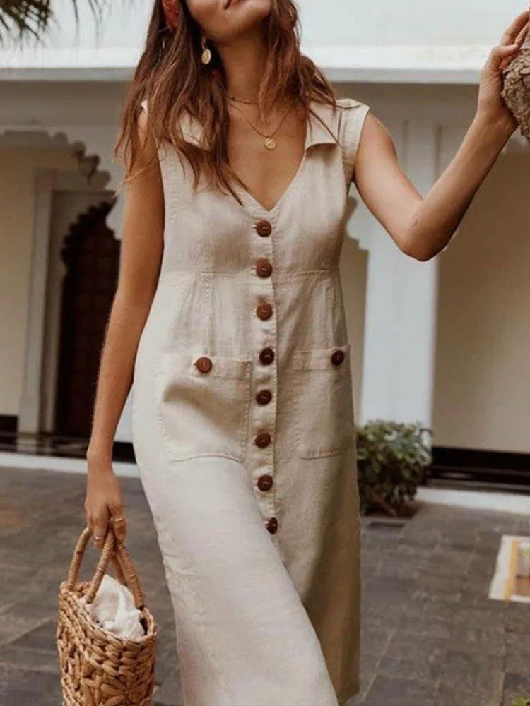 Women's dress summer new fashion V-neck single breasted buckle buckle dress pocket design sense skirt