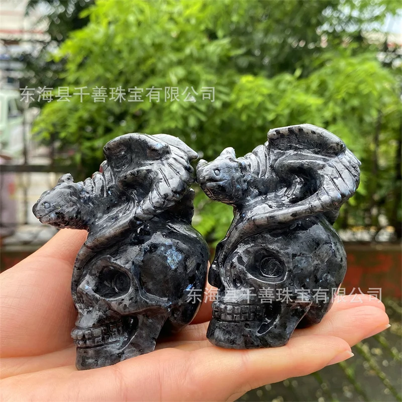 Natural Blue Flashy Larvikite Skull Gemstone Carving Head Healing Stone Black Labradorite Quartz Crystal Animal Skull Home Decor