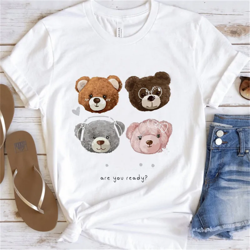 Simple And Funny Cute Trend T-shirt Women's T-shirt Summer Short Sleeve Cute Bear Print Clothing Fashion Women's Pattern Top.