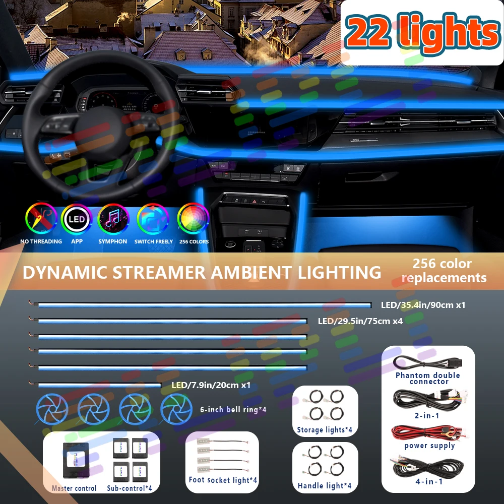 App Control Car Interior Ambient Lights Symphony Atmosphere Lamp Strips Acrylic LED Auto Universal Colorful Rainbow RGB Lighting