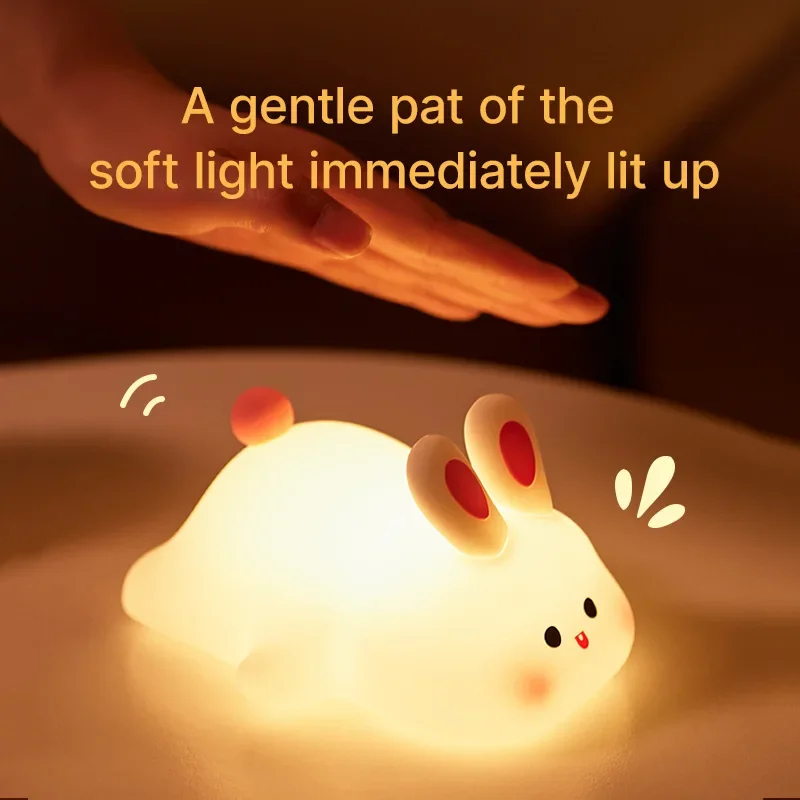 LED Children's Baby Night Light Lamps for Room Decor Cute Rabbit Silicone Plastic Lamp USB Charging Timed Bedside Decoration