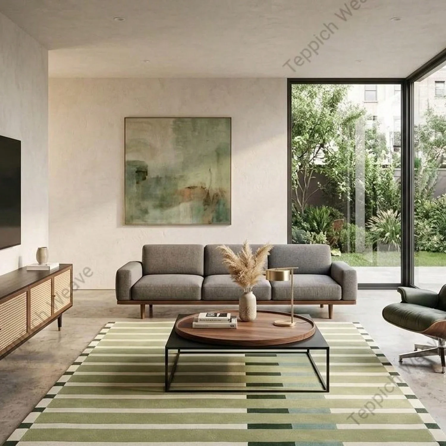 Carpet Tufted Wool Rug Modern Green Striped Living Room Carpet, Suitable for Living Room, Bedroom, Kitchen, Baby Room