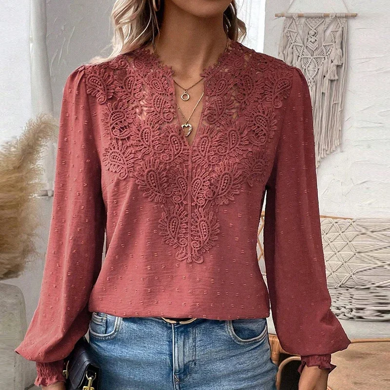 Fashion Blouse For Womens Elegant V Neck Lace Patchwork Long Sleeve Shirt White Casual Women Pulovers