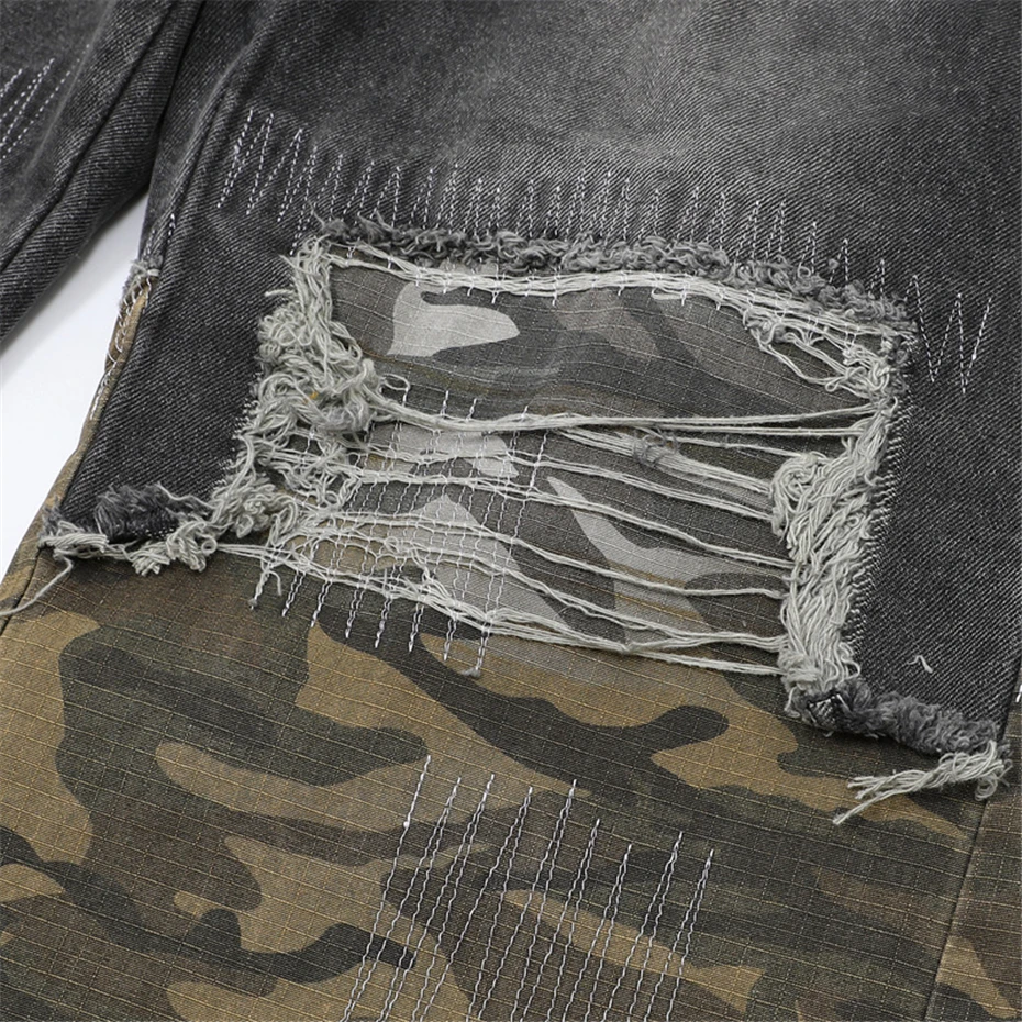 Hip Hop Camouflage Jeans Mens Streetwear Punk Y2k Ripped Hole Denim Trousers Men Harajuku Vintage Washed Baggy Wide-leg Pants