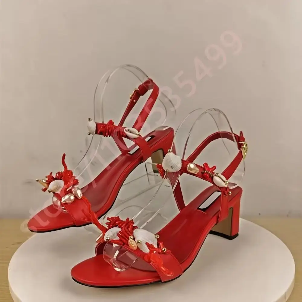 

Red Luxury Shell Coral Women's Sandals 2025 Summer New Open Toe Sexy Thick High Heel Buckle Sandals Fashion Party Casual Sandals