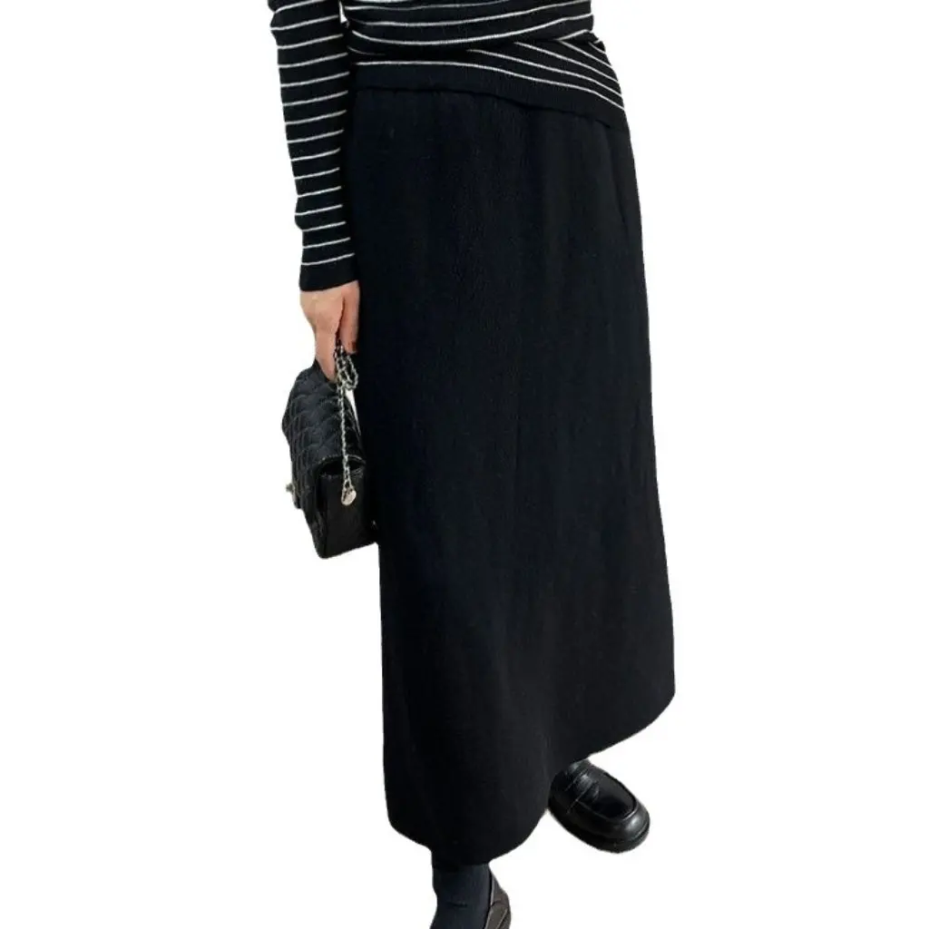 

Winter Fleece-Lined High Waist Split Knitted Skirt for Women Loose Straight All-Match Woolen Sheath Skirt