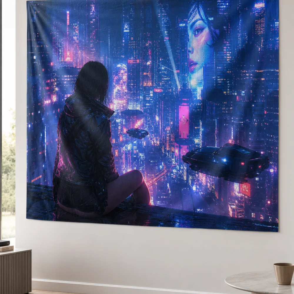Cyberpunk rooftop leather jacket women's printed tapestry 150X100CM bedroom trendy and cool atmosphere wall background fabric