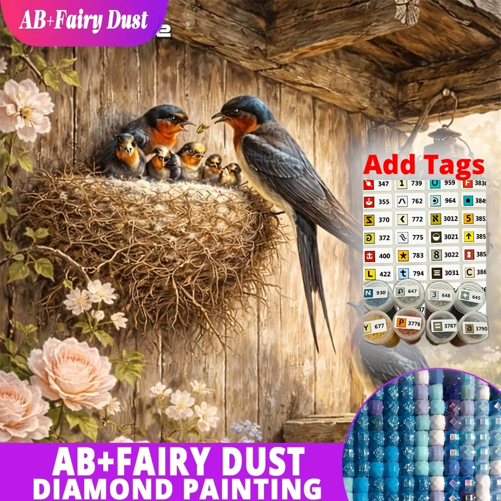 AB Fairy Dust DIY Diamond Mosaic Barn Swallow Bird Nest Rose Full Square Round Painting Diamond Art Embroidery Wall Decor Gift
