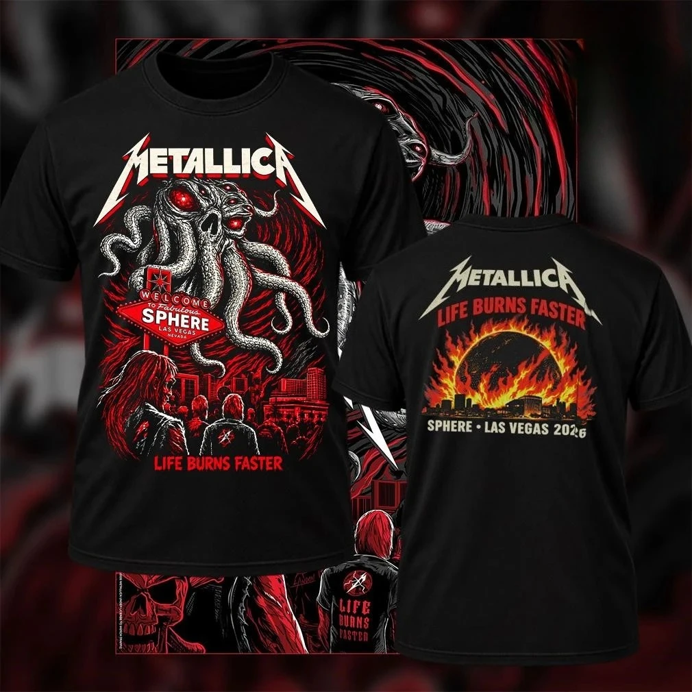 Metallica 2026 Las Vegas Sphere Tour Tshirt Life Burns Faster Octopus Devil Poker Casino Double Sided Print Unisex Rock Heavy