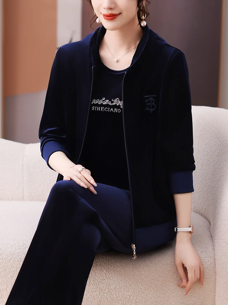 

Комплект из вышитой бархатной куртки и брюк Ele для женщин среднего возраста: повседневный комфортный костюм-тройка для весенней моды