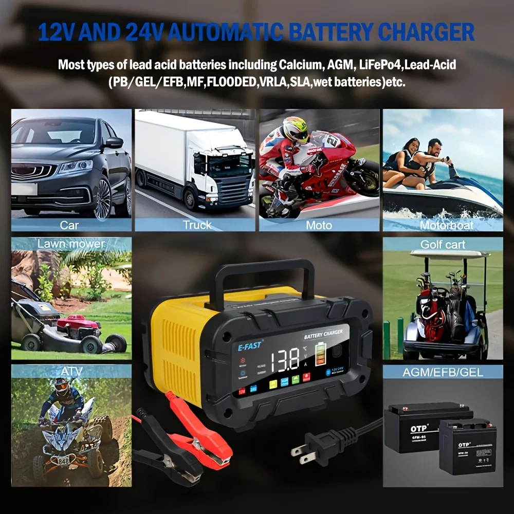 10/20-Amp Auto-Acculader, 12V 24V Volautomatische Batterijhouder, Trickle Charger Voor Agm, Std, Gel, Lifepo4, Loodzuur