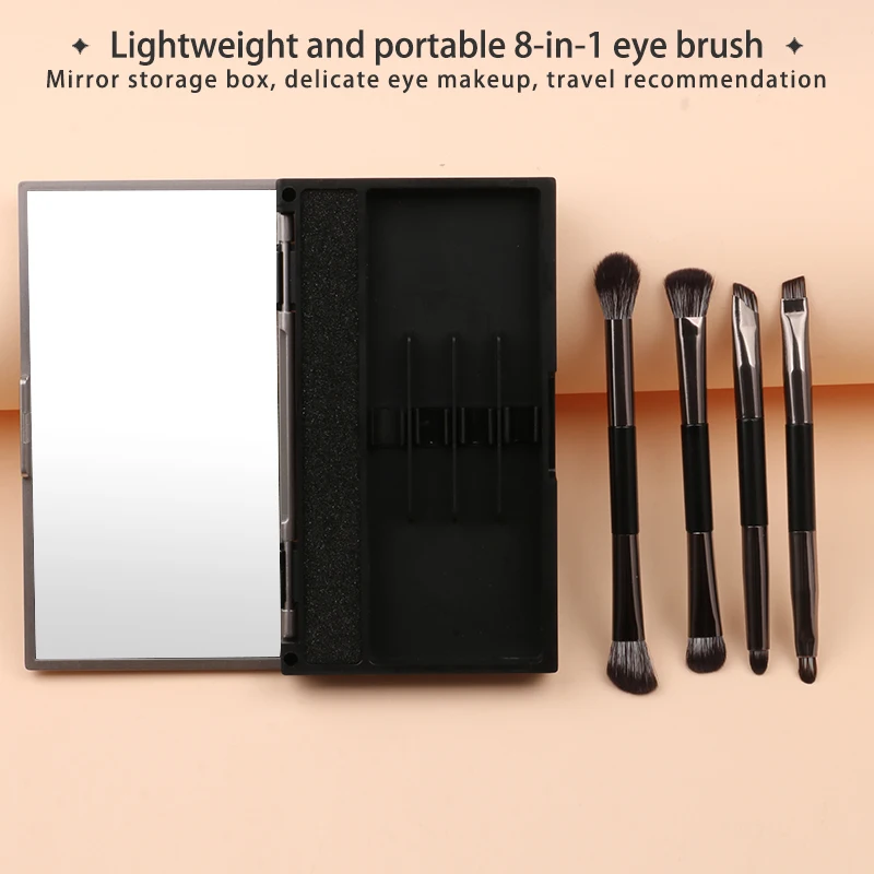 Portable double-ended eyeshadow brushes set with storage box and makeup mirror travel makeup brushes set beauty tools