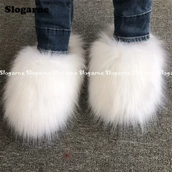 Women Faux Fox Fur Slippers Warm Plush Slides Girls Luxury Furry Shoes Home Cotton Shoes Outdoor Fur Slide Fashion Winter Shoes