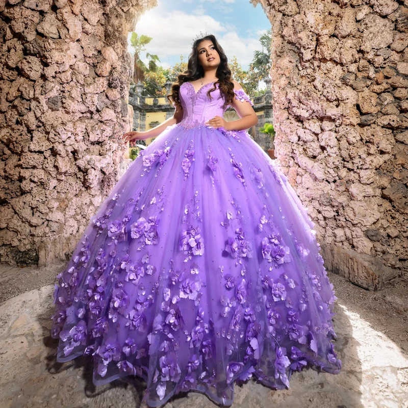 

Lavender Quinceanera Dresses Sweet 16 Years 3D Flower Beading Tull Party Birthday Vestidos De 15 Anos