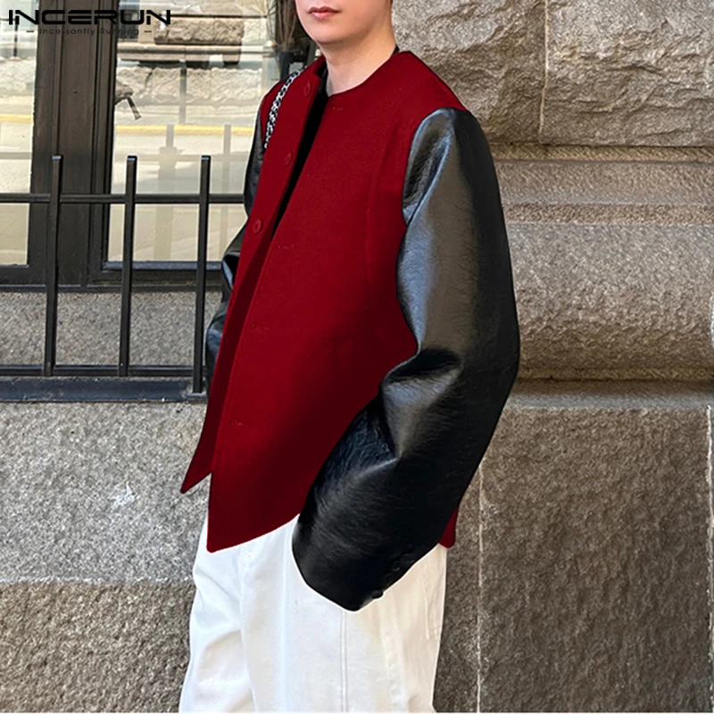 

INCERUN Men Jackets PU Leather Patchwork O-neck Long Sleeve Button Male Coats Streetwear 2025 Fashion Casual Jackets Men S-5XL
