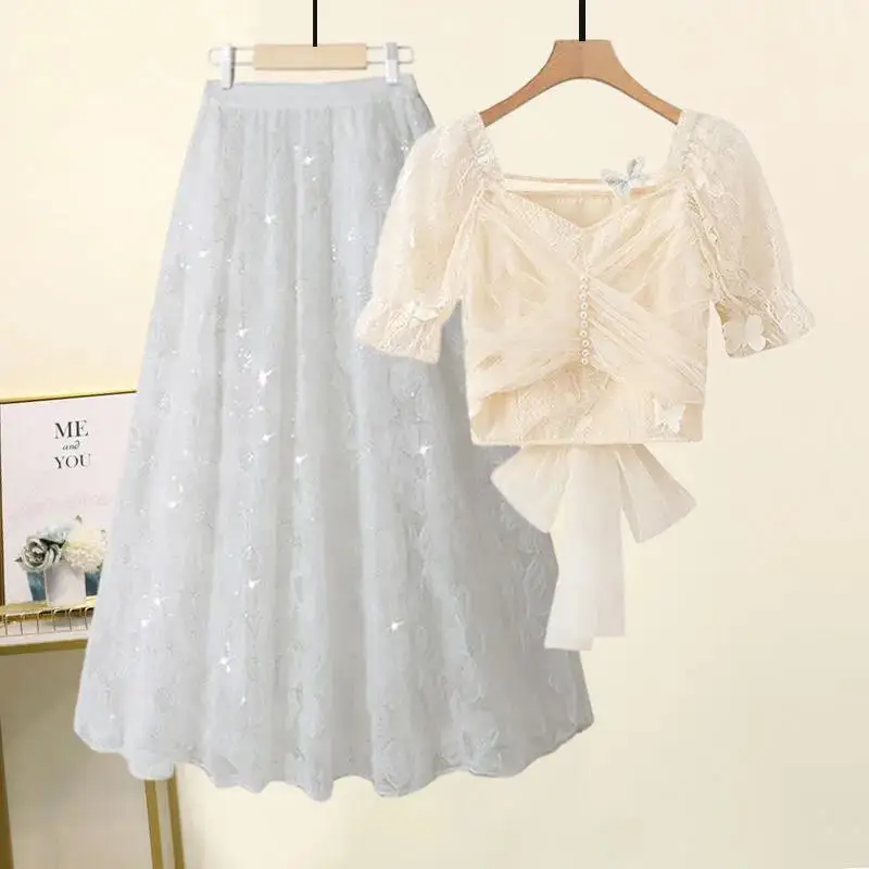 Korean Popular Sweet and Elegant Women\'s Skirt Set Sexy Lace Chiffon Shirt Tulle Bubble Skirt Two-piece Set Party Dress