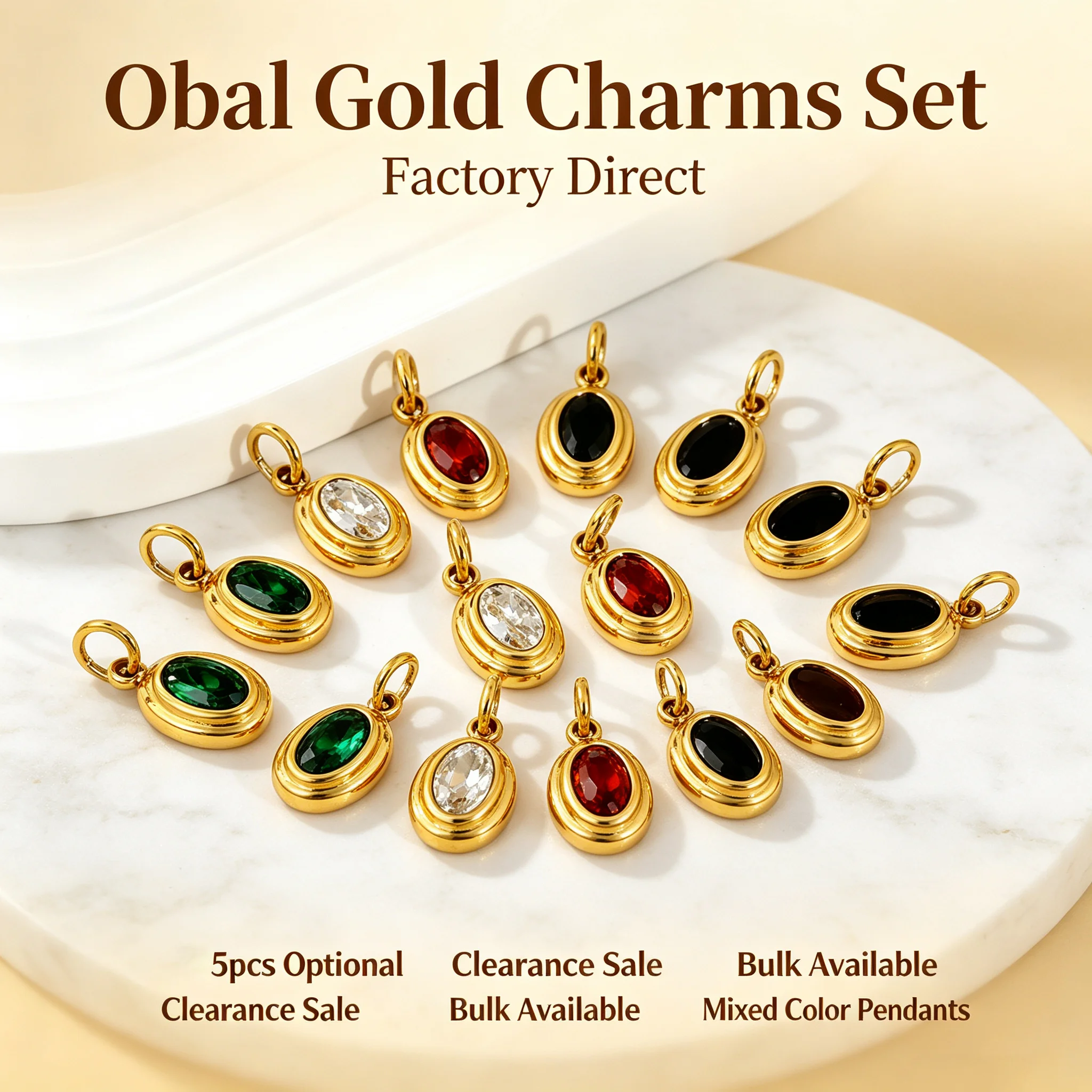 5pcs 18K Gold Plated Stainless Steel Oval Gemstone Charms Pendant for Necklace Earring DIY Jewelry Making Accessories Factory