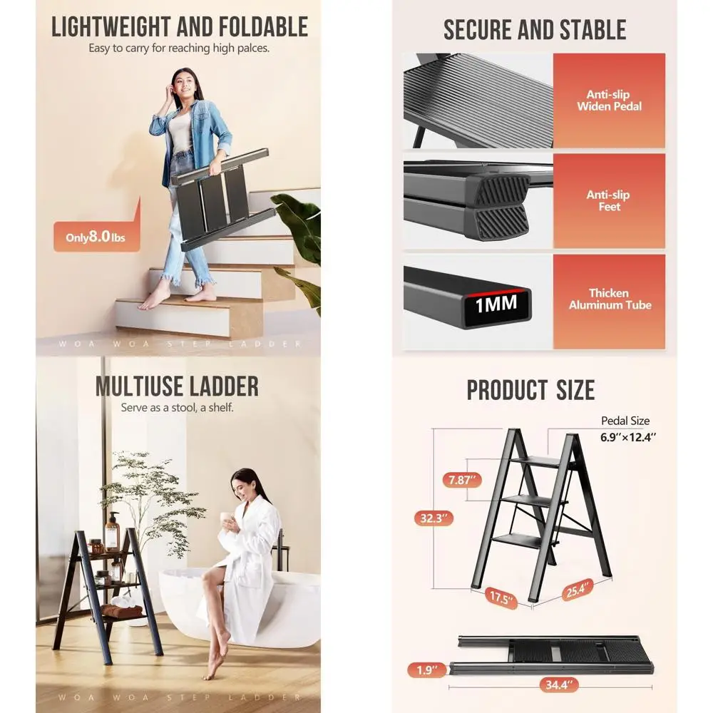 

Портативная алюминиевая стремянка, складная и легкая для домашнего использования, противоскользящие ступеньки, легко складывается, емкость 300 фунтов — черный