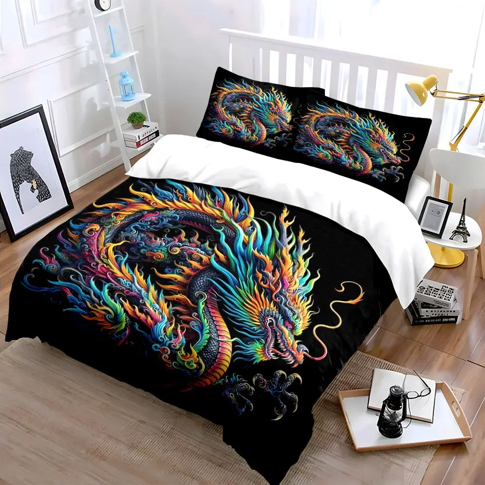 Colorful Dragon Artwork Decor Set Soft Comfortable Duvet Cover Bedding Set Included 1*Duvet Cover & 2*Pillowcases, gift