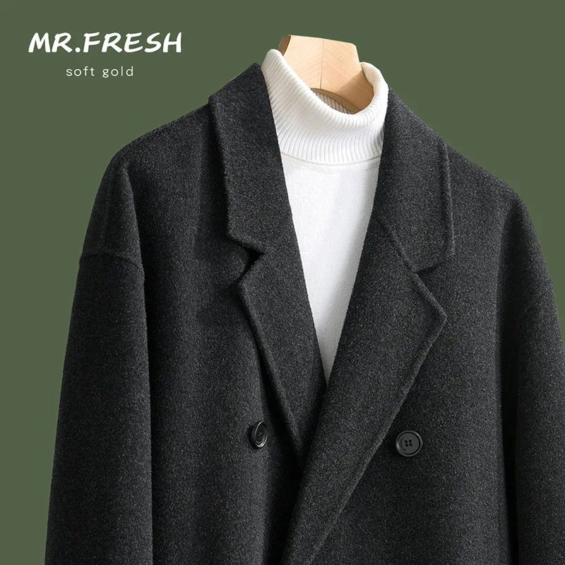 Autumn and winter double-sided cotton cashmere coat men's long over-knee double-breasted loose Korean wool woolen trench coat