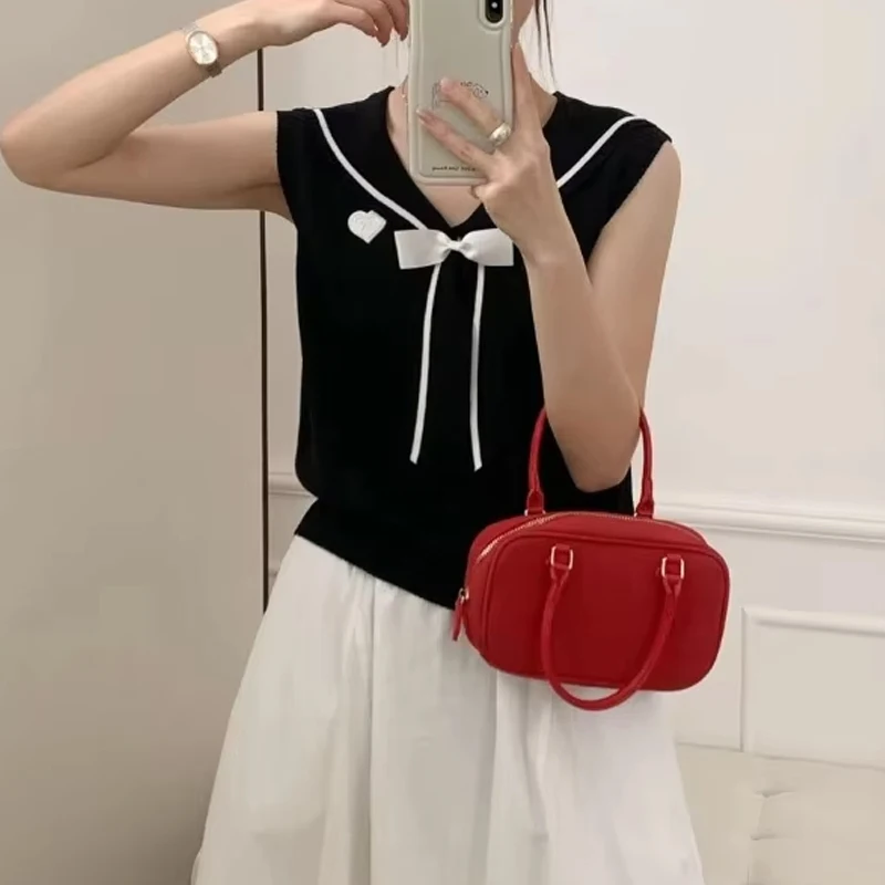 

Fashion All-match Youth Knitted Short Top Vest Summer Sleeveless Contrast Patchwork Elegant T Shirts Sweet Korean Women Clothing