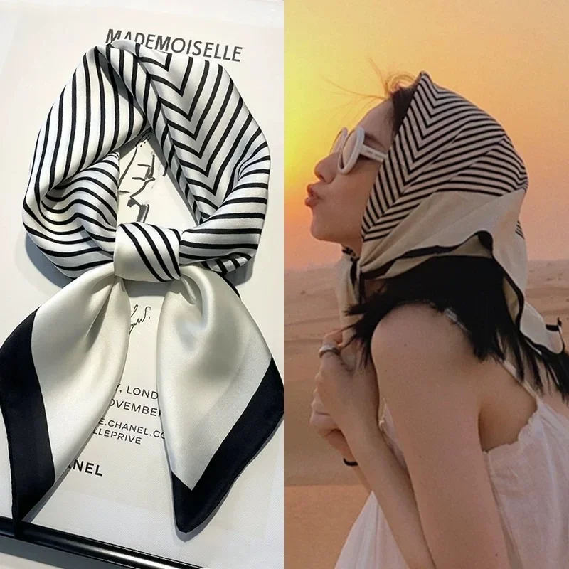 Luxury Satin Imitation Print Silk Scarf Square Women Neck Scarves Wrap Headkerchief Beach Hair Band Women's Bandana