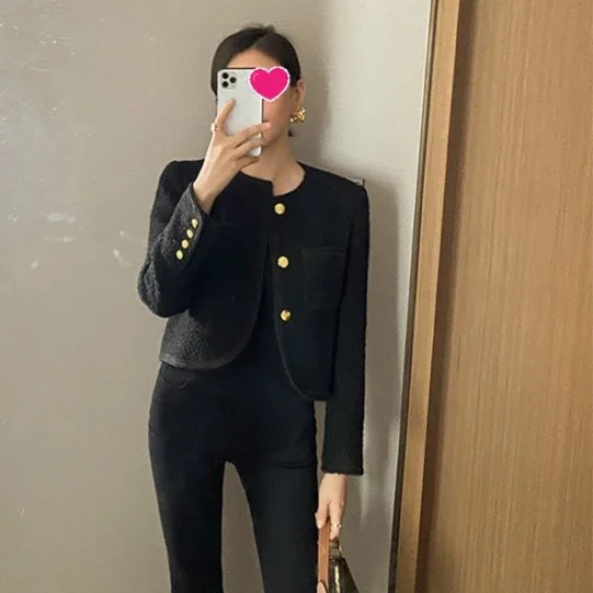 2026 Autumn New Black Tweed Coat Women Korean Elegant O-neck Slim Fit Tops Y2k Grunge Long Sleeve Jackets Mujer