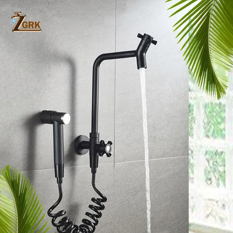 

ZGRK 304 Stainless Steel Bathroom Mop Tap Wall Mounted Single Cold Pool Tap with Spray Gun 4-point Extended Cleaning Faucet