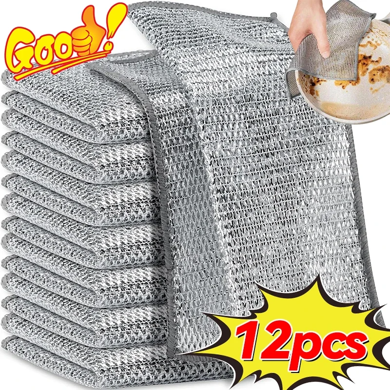 12/1pcs Double -sided Metal Steel Wire Rags Magic Cleaning Cloth Thickened Kitchen Dish Pot Washdishing Cloths Towel Clean Tools