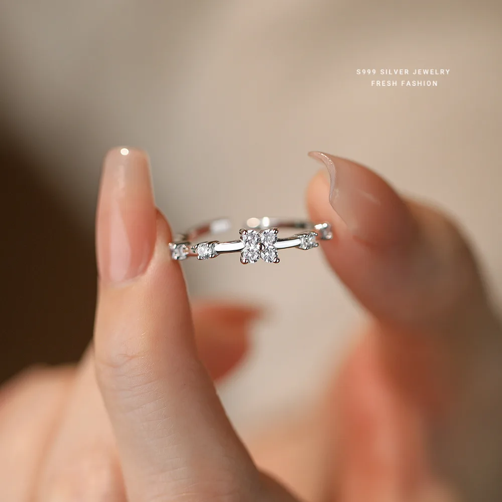 S999 Sterling Silver Zircon Flower Ring for Women Luxury Open Design High-End Sensation Versatile Silver Ring
