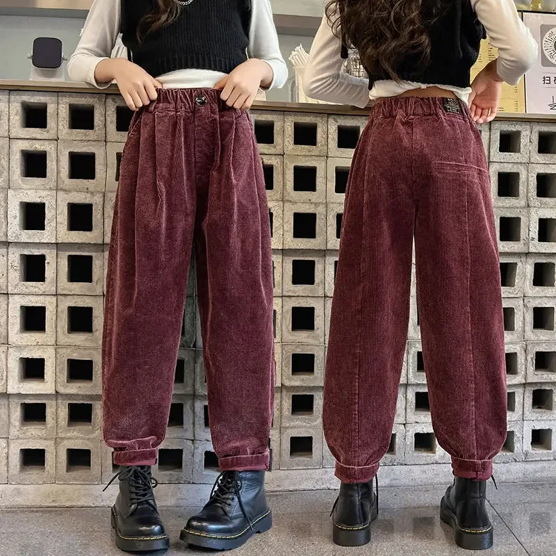 2025 New Girls' Autumn Corduroy Trousers - Stylish Korean-Style Casual Pants for Medium-Large Kids, Comfortable Velvety Fabric