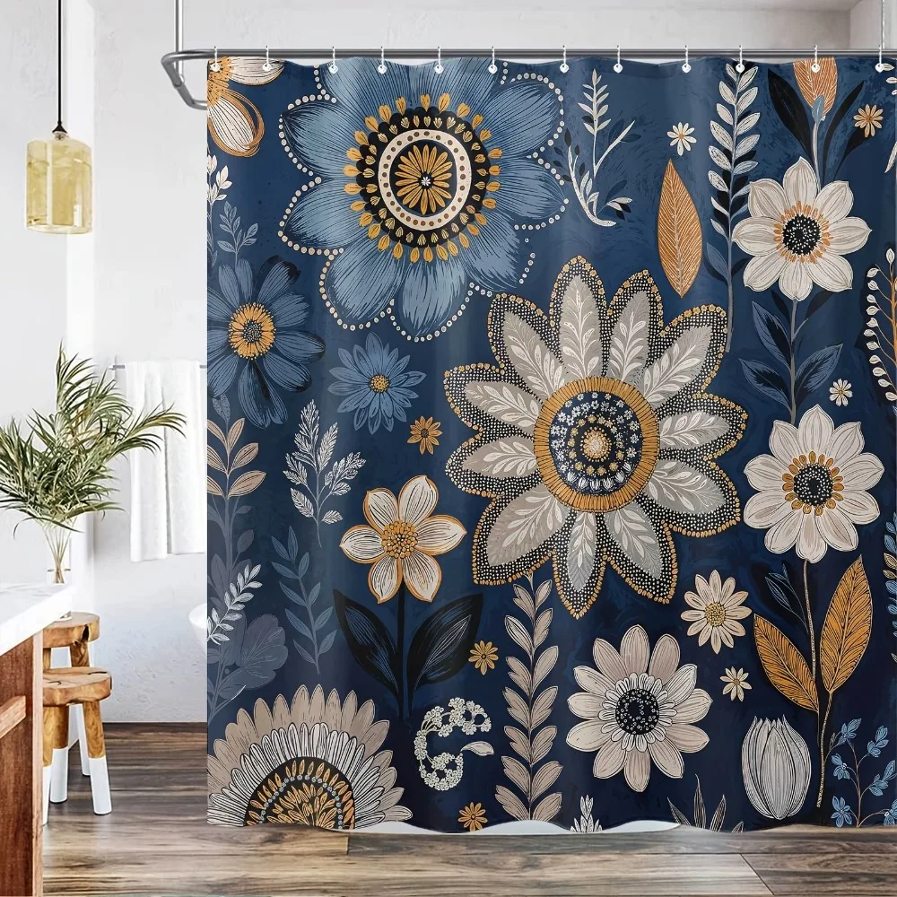 ボヘミアンフローラルブルー背景、洗濯可能、防汚、シャワーカーテン、シャワーヘッド、防水ポリエステル製バスカーテン