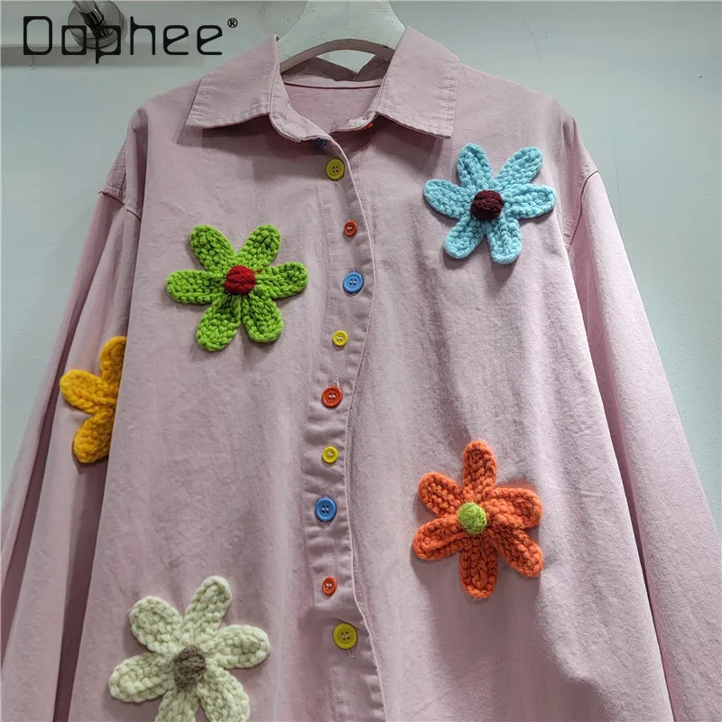 ربيع الخريف جديد الثقيلة التطريز الأزهار قميص دينيم للنساء ركاب نمط موضة فضفاضة عادية كم طويل بلوزة الإناث