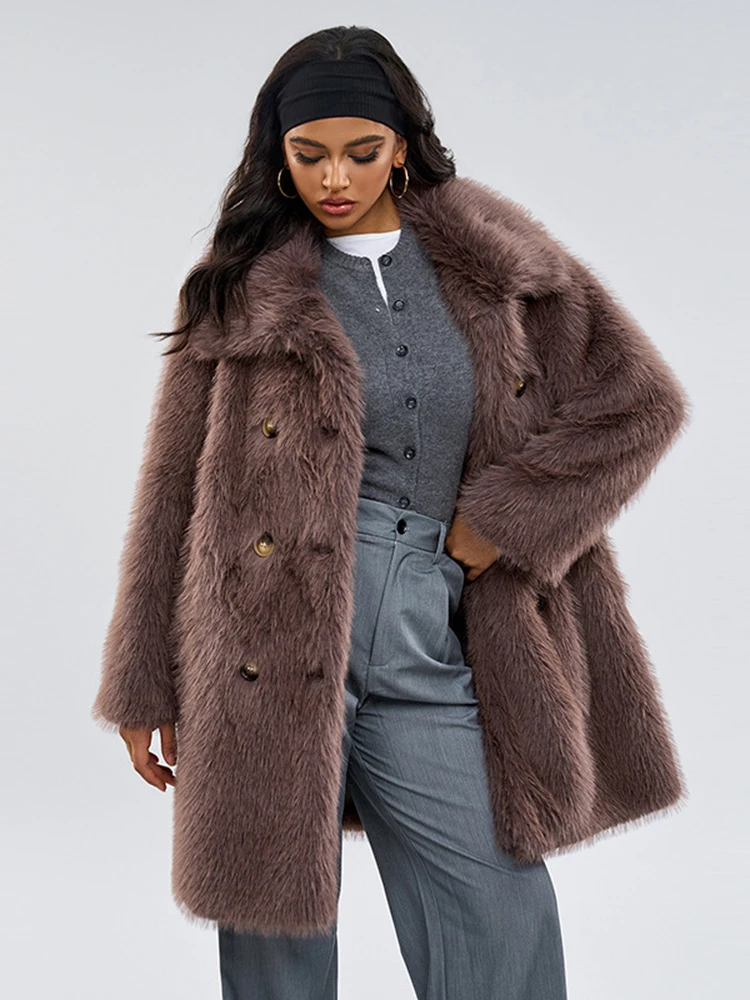 DEAT Fashion Women's Faux Fur Coat Lapel Loose Double Breasted Long Sleeves Sashes Thick Warm Jacket Winter 2024 New 7AB6136