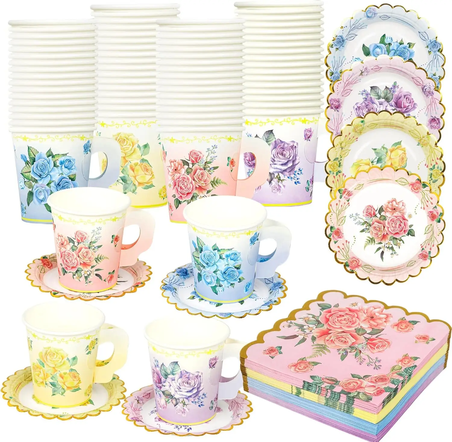 

40 Set Floral Tea Cups and Saucers Disposable Tea Party Supplies Colorful Flower Teacups with Handle and Paper Napkins