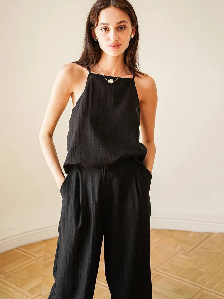 Marthaqiqi Casual Female Nightgowns Set Spaghetti Strap Pajamas Tank Top Sleepwear Sleeveless Nightie Pants Loose Nightwear Suit