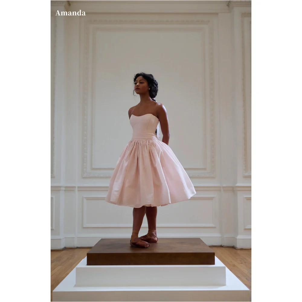 Amanda Customized Strapless A-Line Pleated Prom Dresses Elegant Sleeveless vestidos de noche Lace-Up Knee-Length Formal Evening