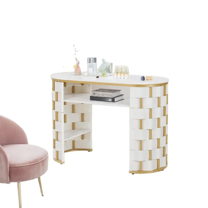 Woven Leather Metal Rack Storage Open Shelf White with Electric Vacuum Cleaner Nail Table