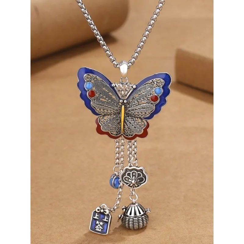 

Бабочка Cloisonné тайское серебро антикварное длинное ожерелье с подвеской элегантная женская многослойная цепочка богемное ремесленное ювелирное изделие