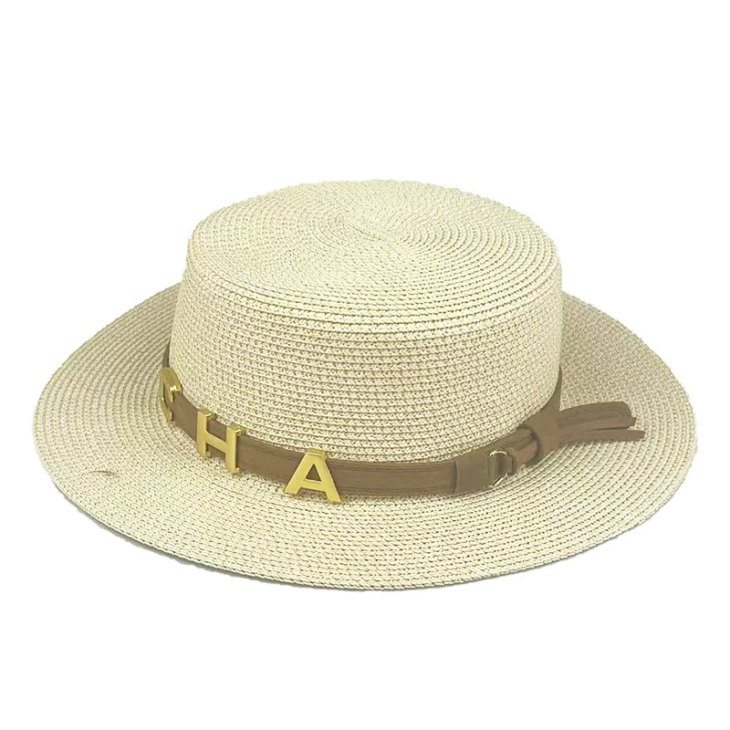 Sun Hats for Women Straw Hat Female Summer Outing Resort Rhinestone CHA Belt Personality Flat Top Hat British Vintage Visor Hat