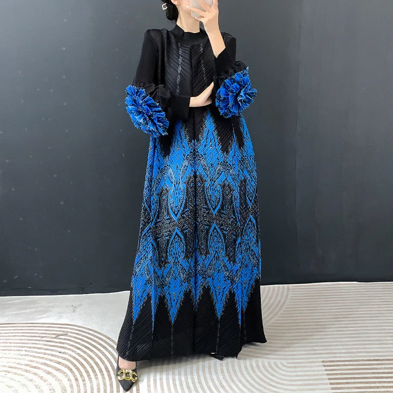 

Miyake Fold 2025 Autumn/Winter New Women's Wear Half High Collar Long Sleeve Solid Color Dress Hundred Fold Long Dress for Women