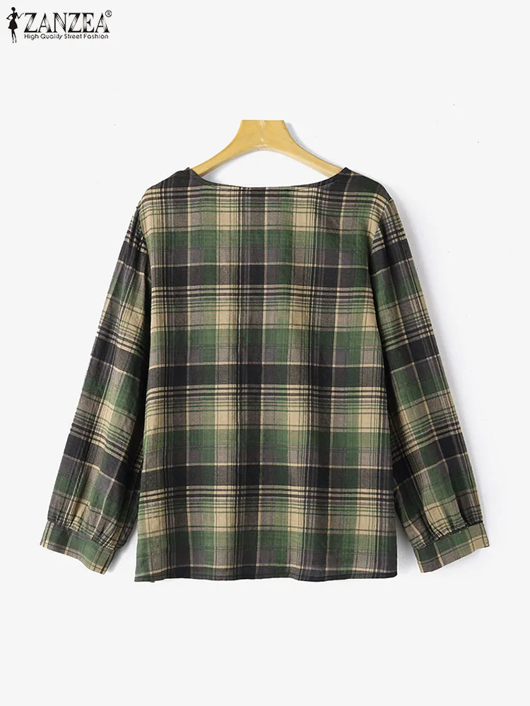 ZANZEA Women Spring Vintage Plaid Checked Blouse Casual O Neck Long Sleeve Tops Fashion Loose Holiday Blusas Retro Work Shirt