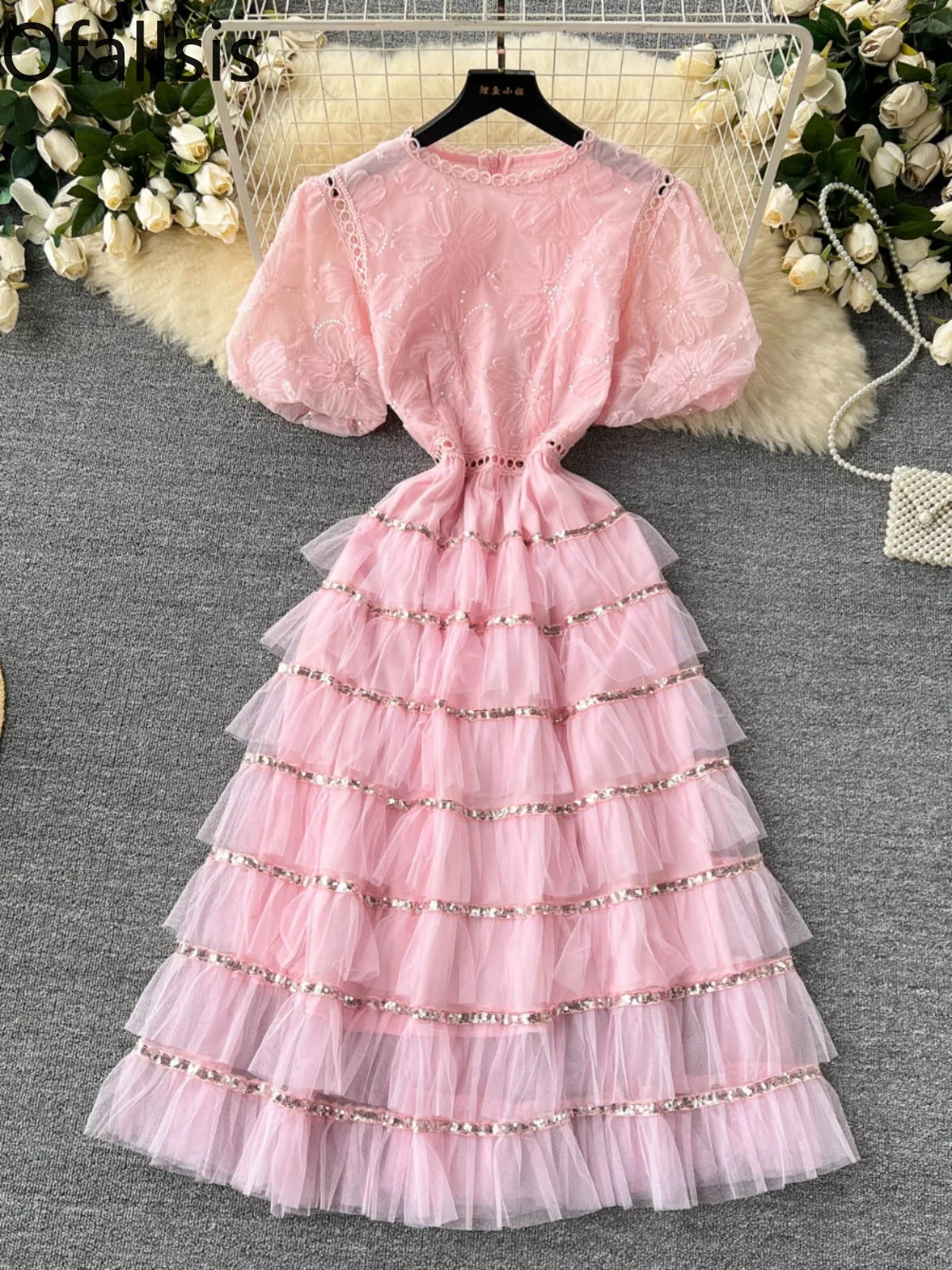 Ofallsis O neck Puff Sleeve Socialite French High end Party Dress 2024 Women's New Sequin Embroidery Flower Mesh Cake Dresses