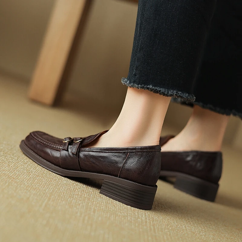 NEW Spring/Autumn Women Loafers Genuine Leather Shoes for Women Round Toe Chunky Heel Black Shoes Concise High Heel Women Pumps